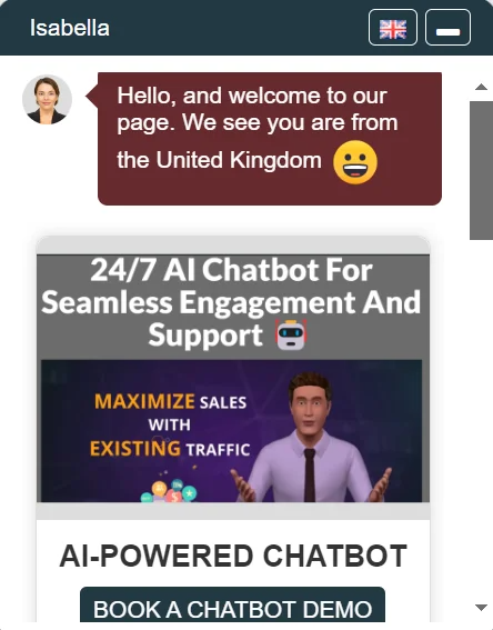 A modern, minimalist website with a chat window open, displaying a helpful chatbot assistant responding to a user's query. The website background is clean and calming, showcasing a professional brand aesthetic. The chat window is bright and inviting, with a friendly message indicating immediate assistance.